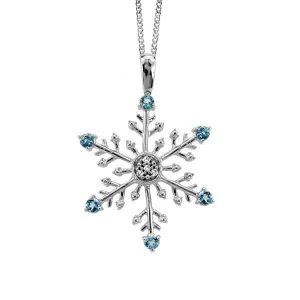 10kt White Gold Diamond Aqua Marine Snowflake Pend. W/Chain
