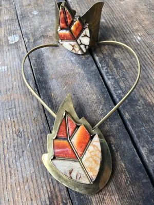 Antique Brass and Orange Coral Leaf Brass Necklace & Bracelet Set