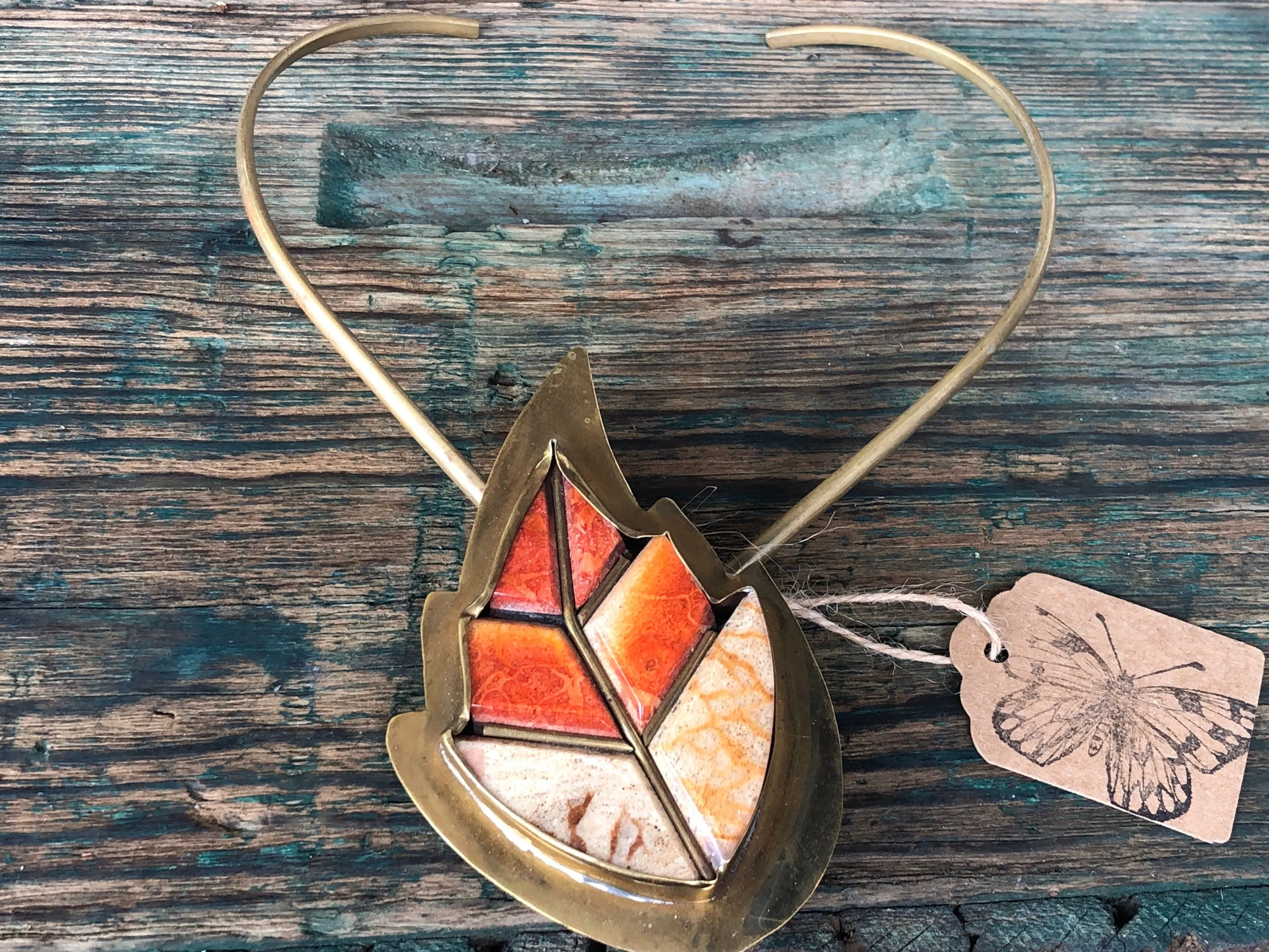 Antique Brass and Orange Coral Leaf Brass Necklace & Bracelet Set