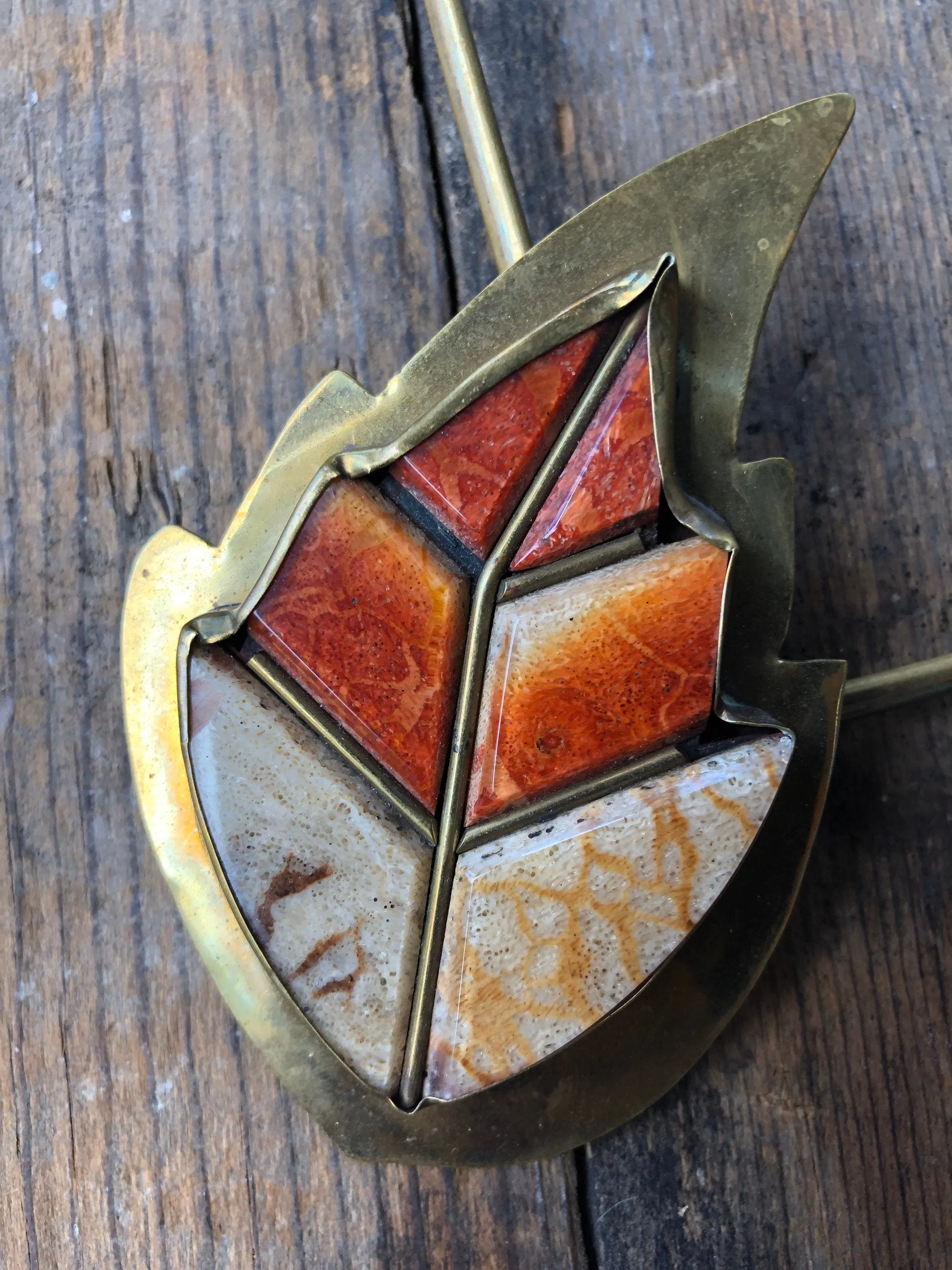 Antique Brass and Orange Coral Leaf Brass Necklace & Bracelet Set