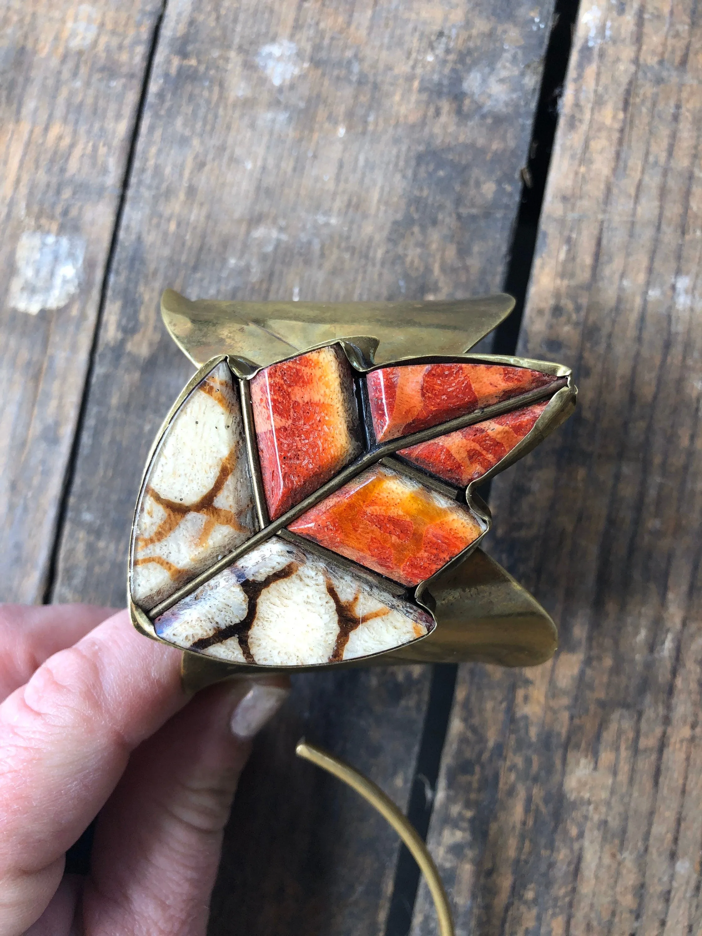 Antique Brass and Orange Coral Leaf Brass Necklace & Bracelet Set