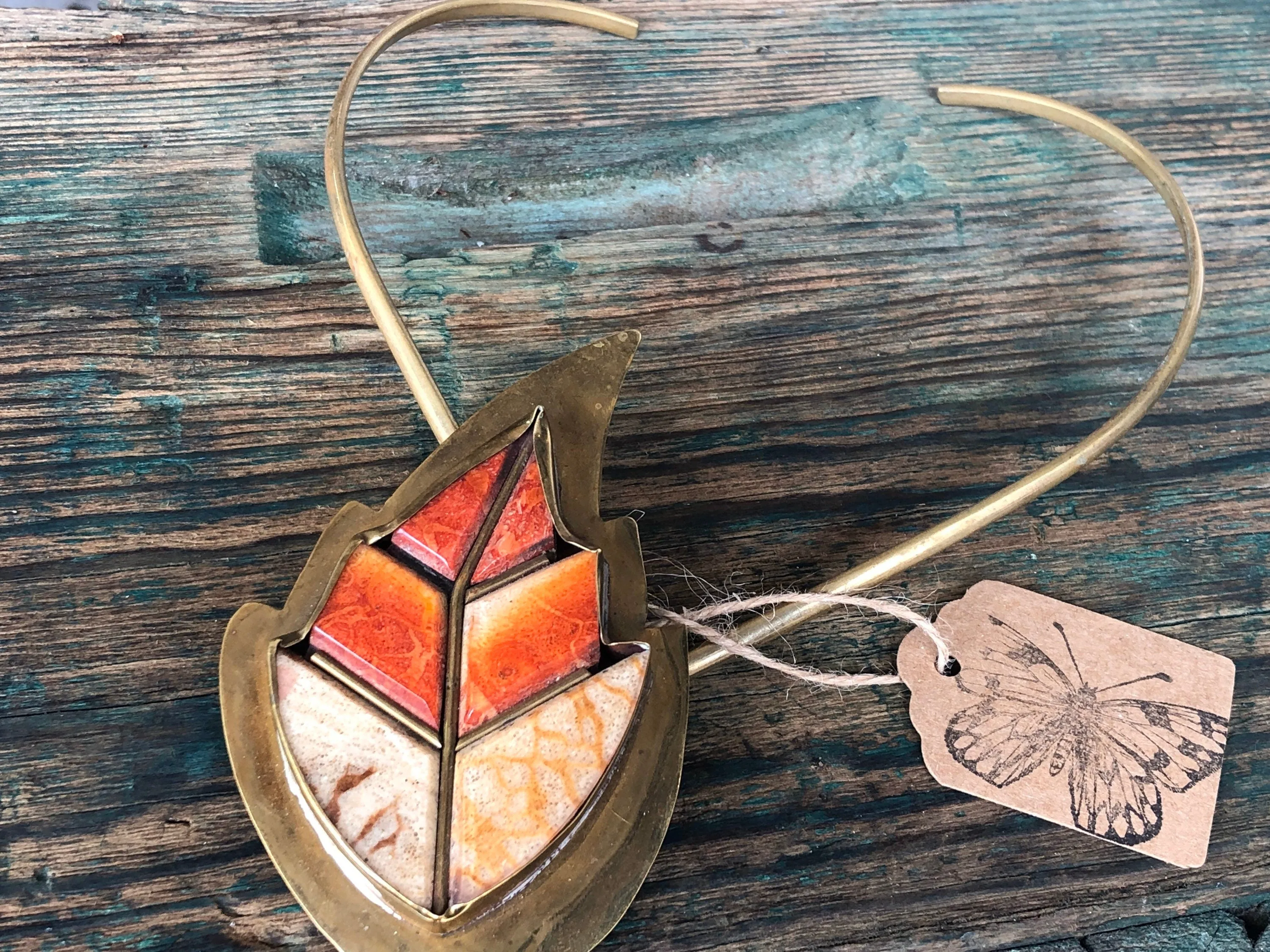 Antique Brass and Orange Coral Leaf Brass Necklace & Bracelet Set