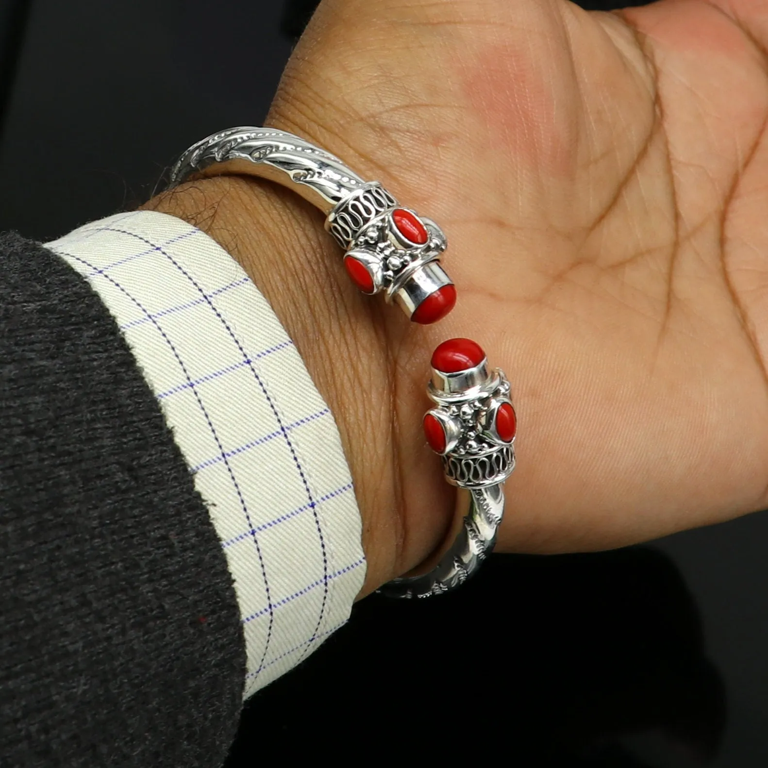 Exclusive red coral stone customized 925 sterling silver men's and women's bangle cuff bracelet, gorgeous gifting jewelry  india nssk313