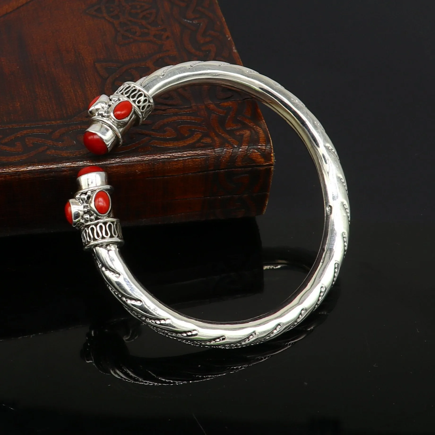 Exclusive red coral stone customized 925 sterling silver men's and women's bangle cuff bracelet, gorgeous gifting jewelry  india nssk313