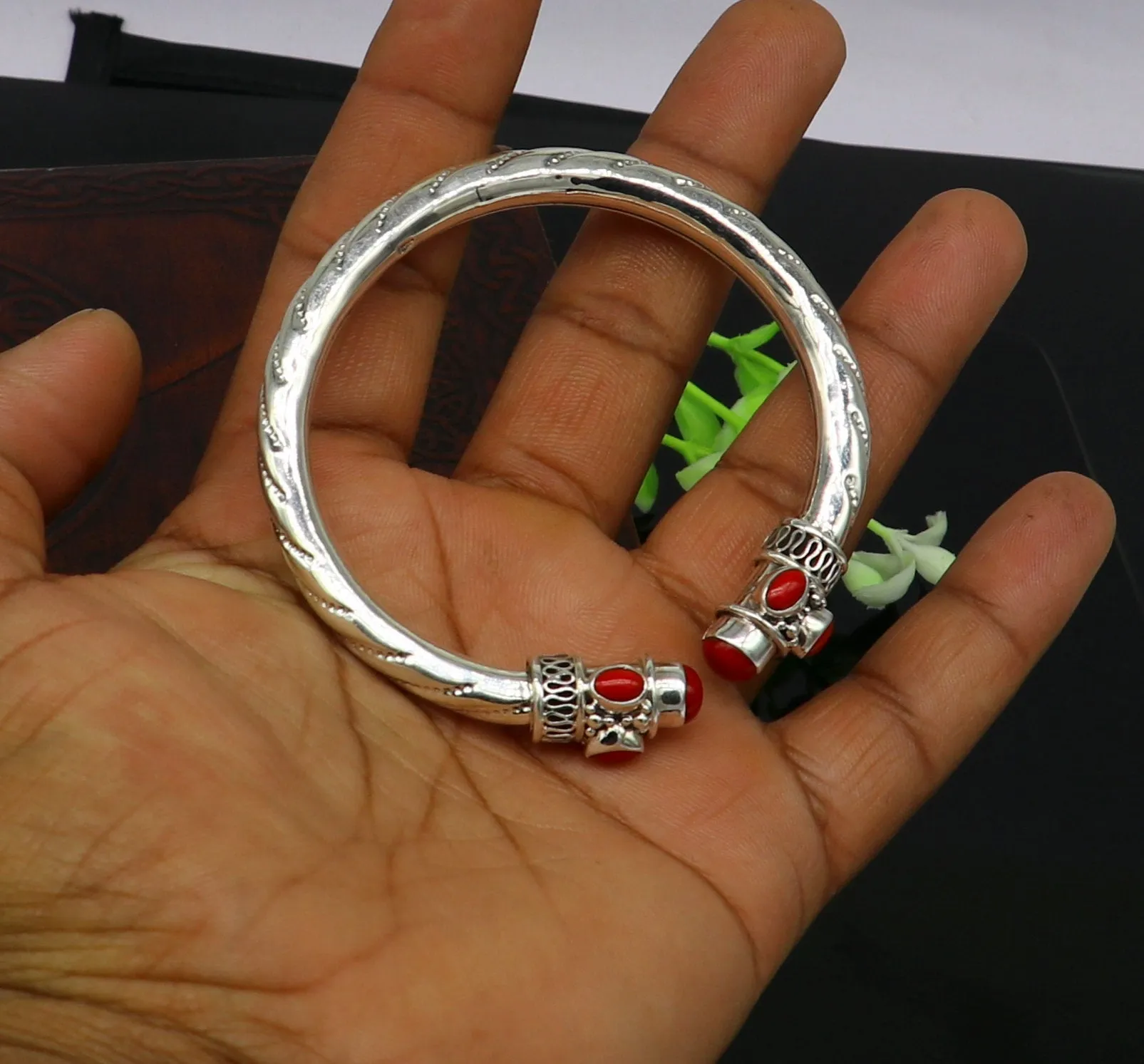 Exclusive red coral stone customized 925 sterling silver men's and women's bangle cuff bracelet, gorgeous gifting jewelry  india nssk313