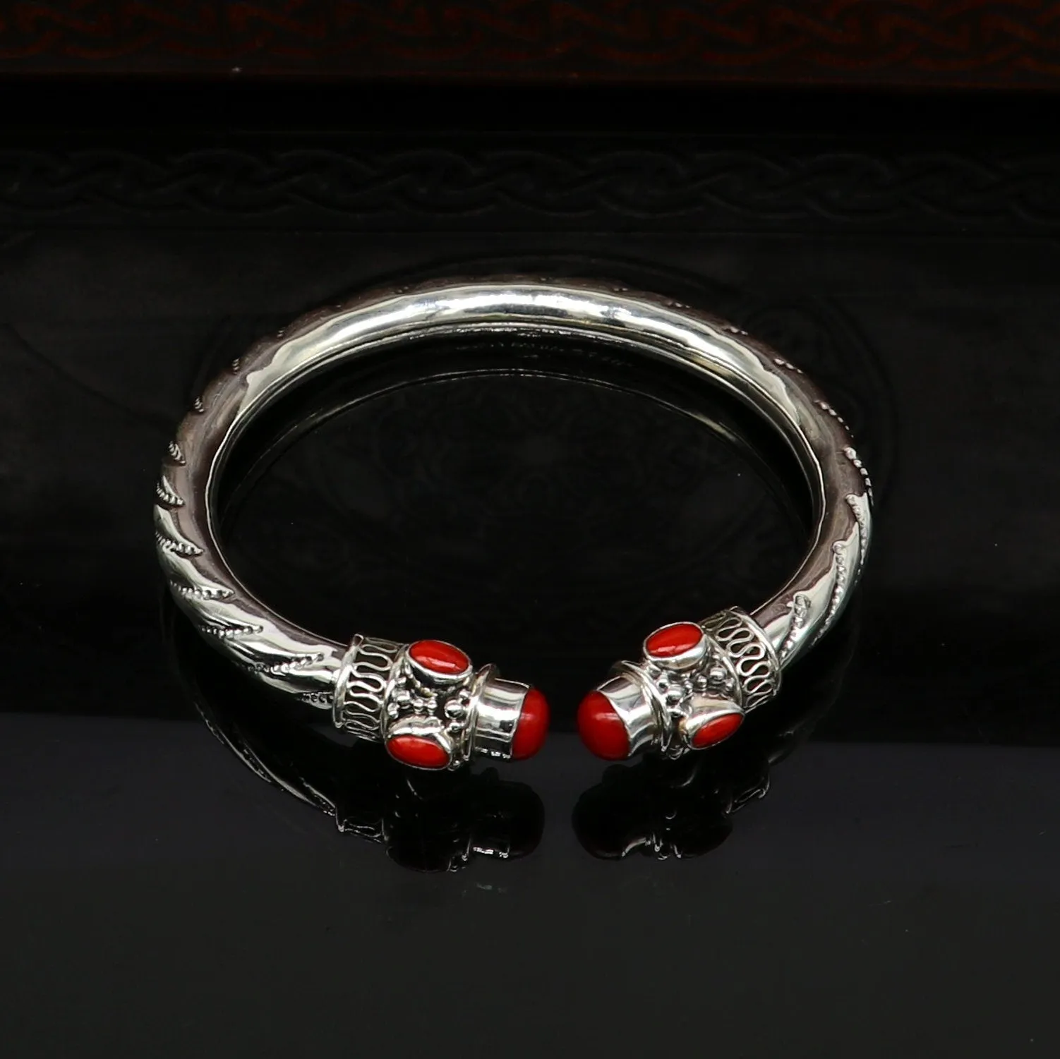 Exclusive red coral stone customized 925 sterling silver men's and women's bangle cuff bracelet, gorgeous gifting jewelry  india nssk313