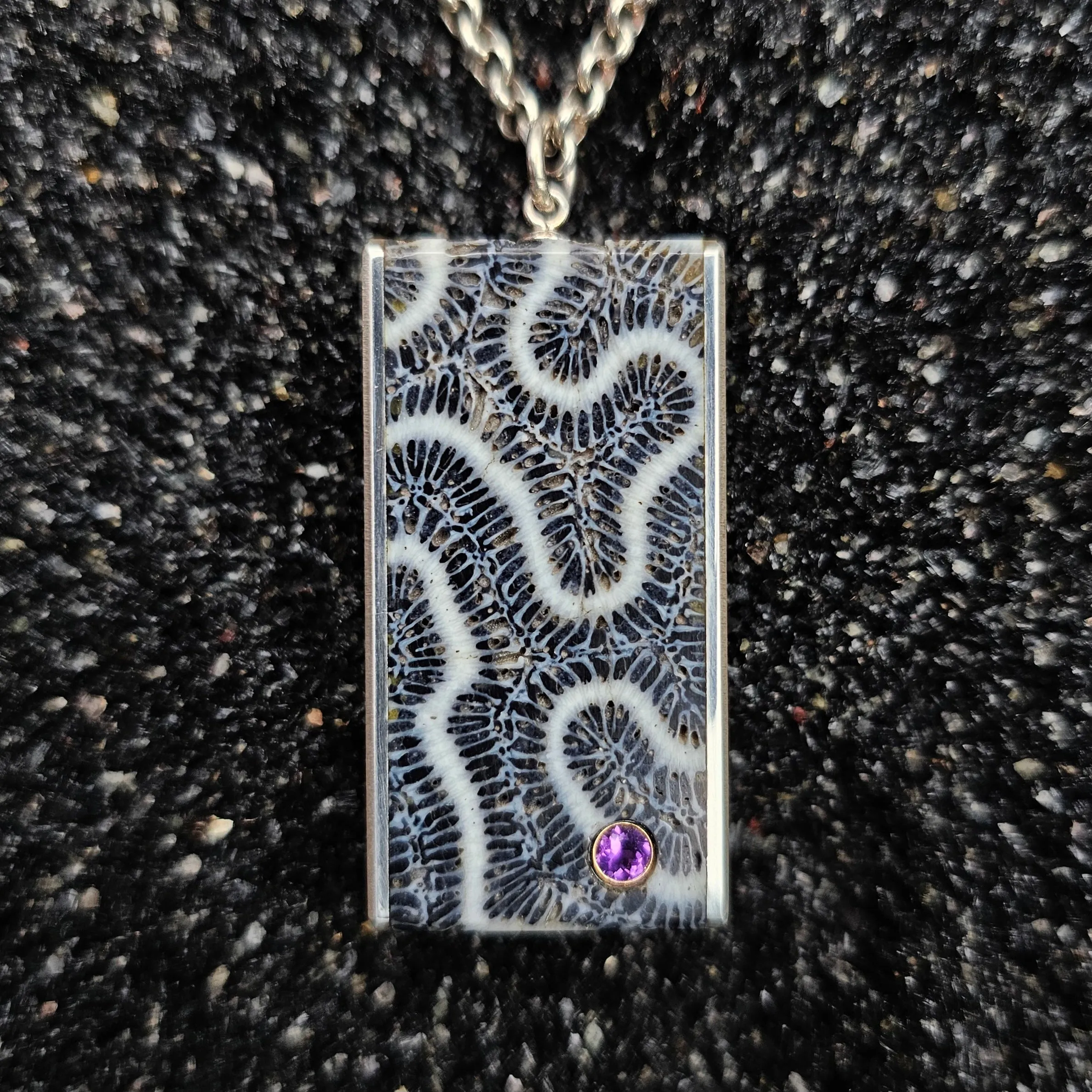 Fossilized Black Brain Coral Necklace with Pink Amethyst
