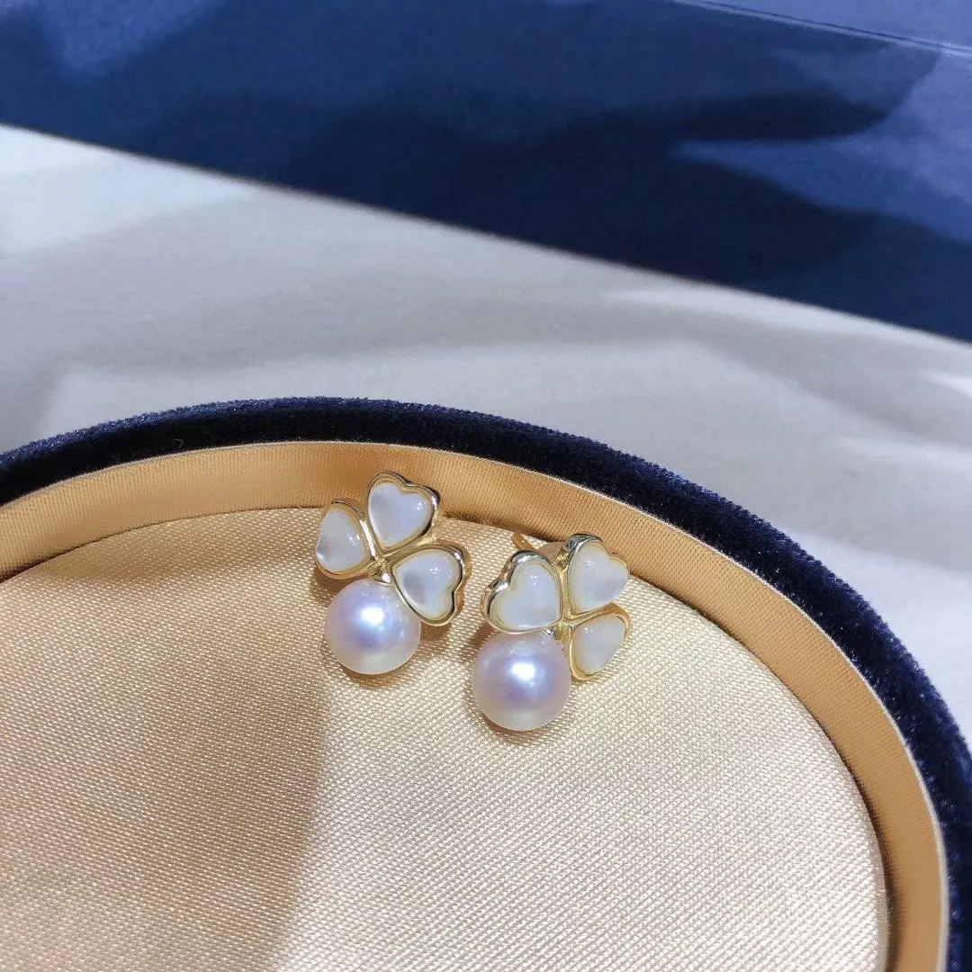 Lucky clover real freshwater akoya pearl earrings