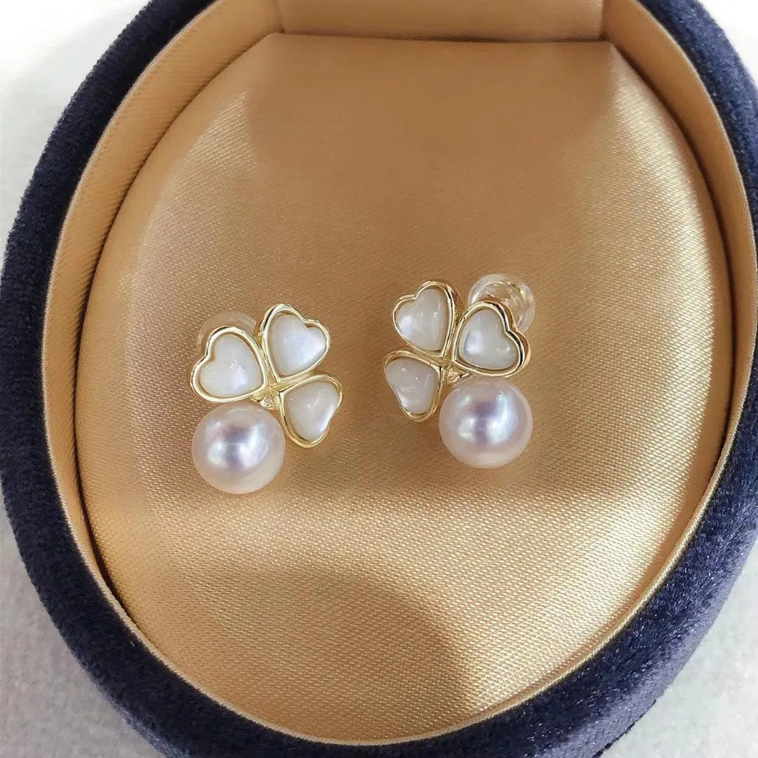 Lucky clover real freshwater akoya pearl earrings