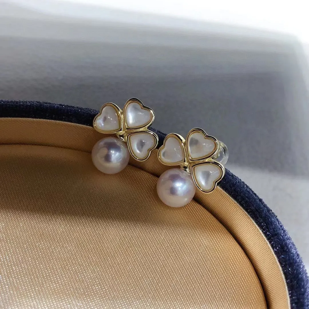 Lucky clover real freshwater akoya pearl earrings