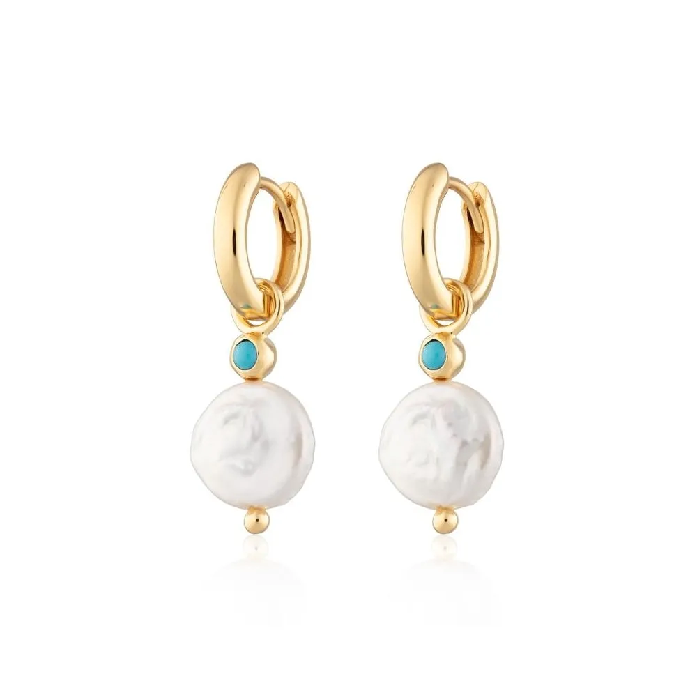 Pearl & Turquoise Charm Hoop Earrings - GP Silver - SPG-1-162