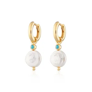 Pearl & Turquoise Charm Hoop Earrings - GP Silver - SPG-1-162