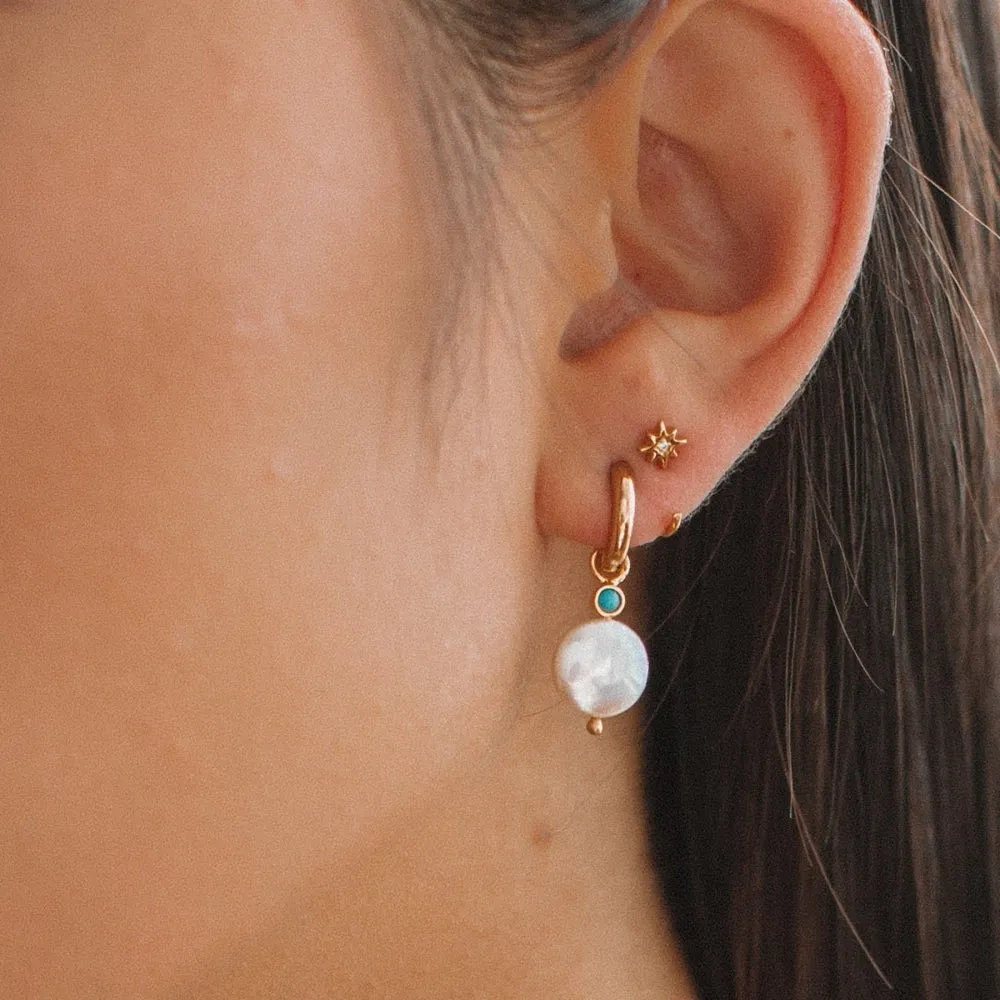 Pearl & Turquoise Charm Hoop Earrings - GP Silver - SPG-1-162