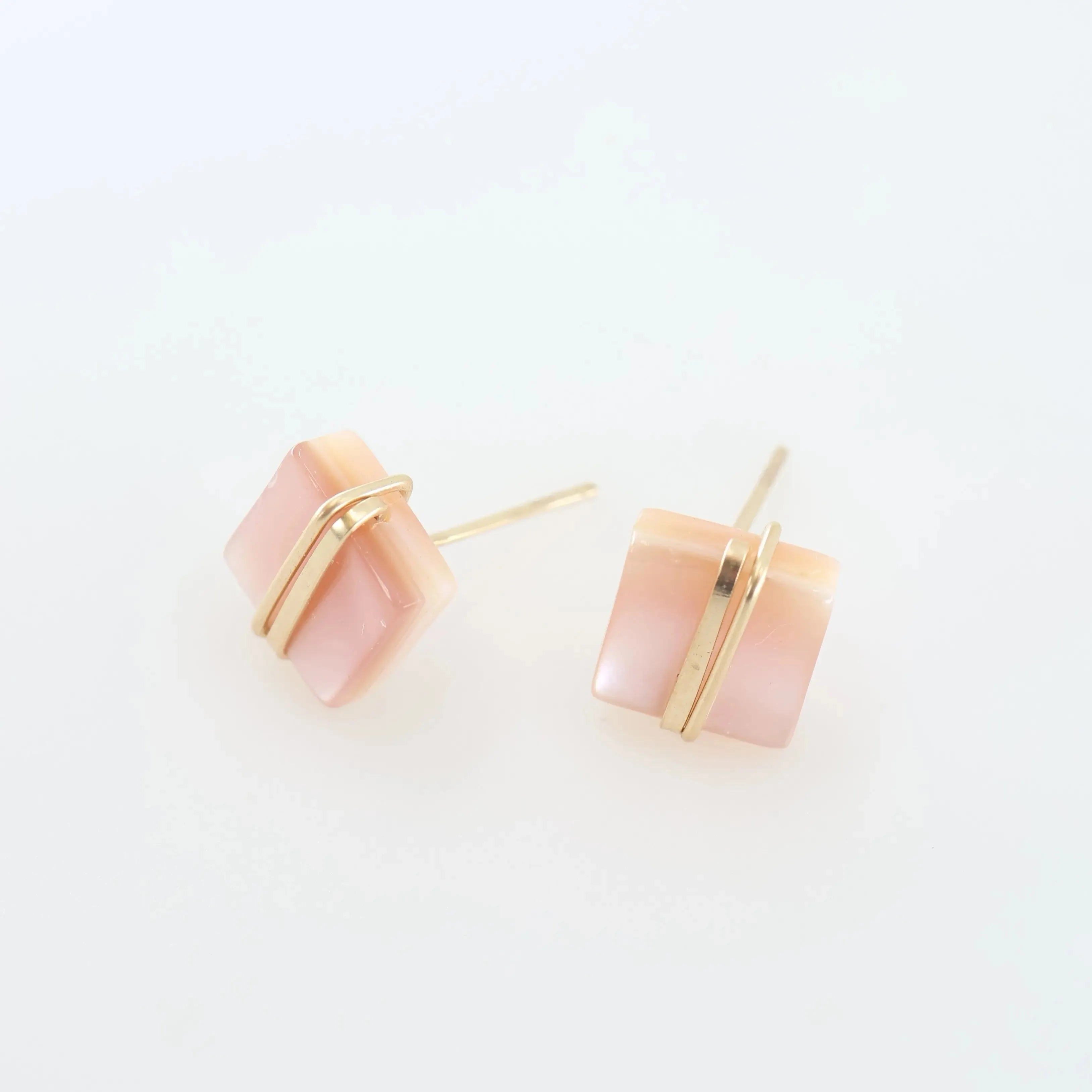 Pink Mother of Pearl Square Stud Earrings with Forged Accents