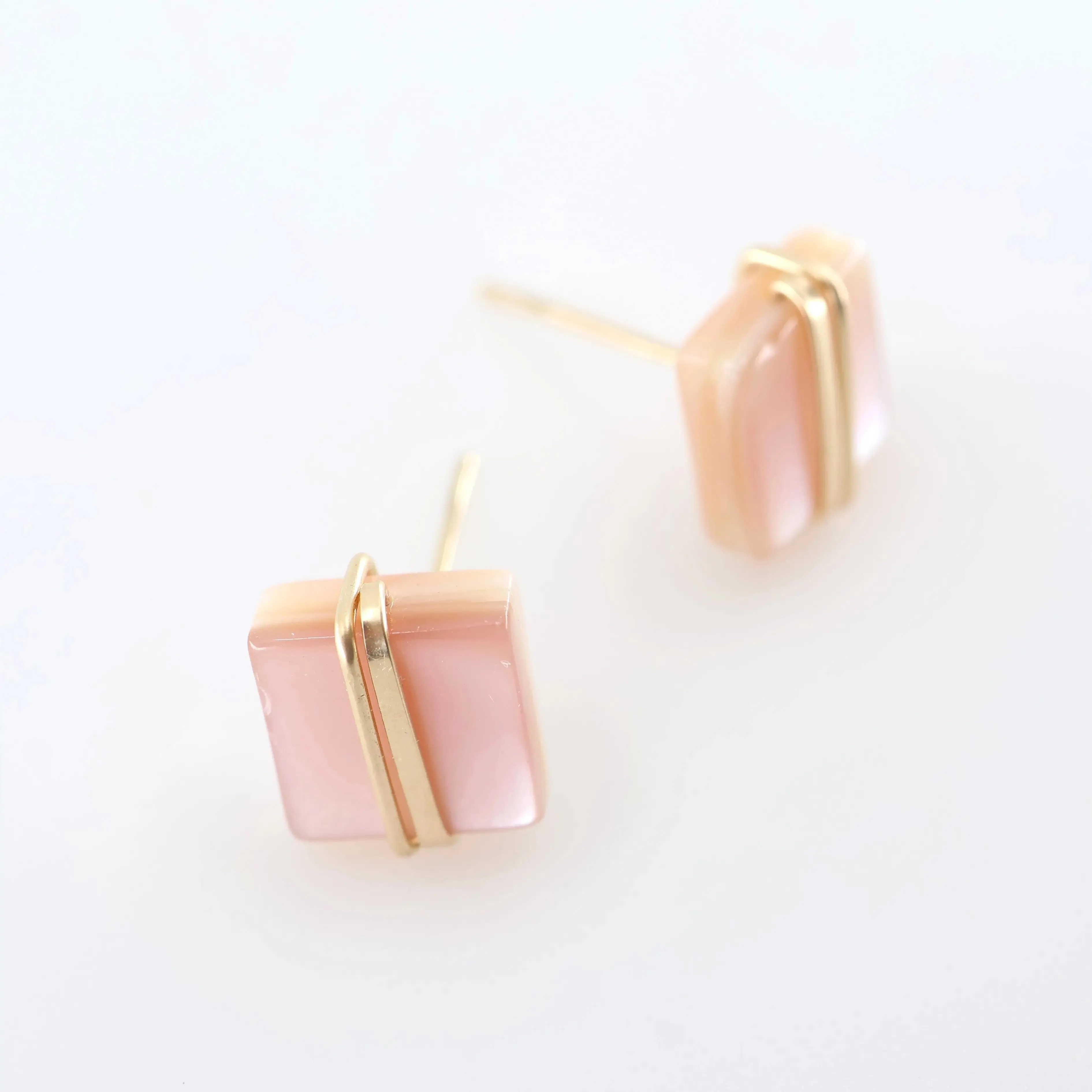 Pink Mother of Pearl Square Stud Earrings with Forged Accents