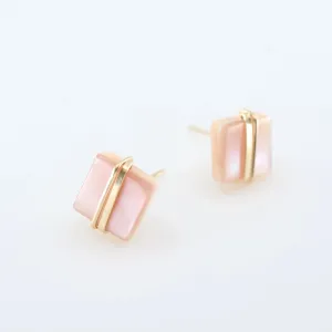 Pink Mother of Pearl Square Stud Earrings with Forged Accents