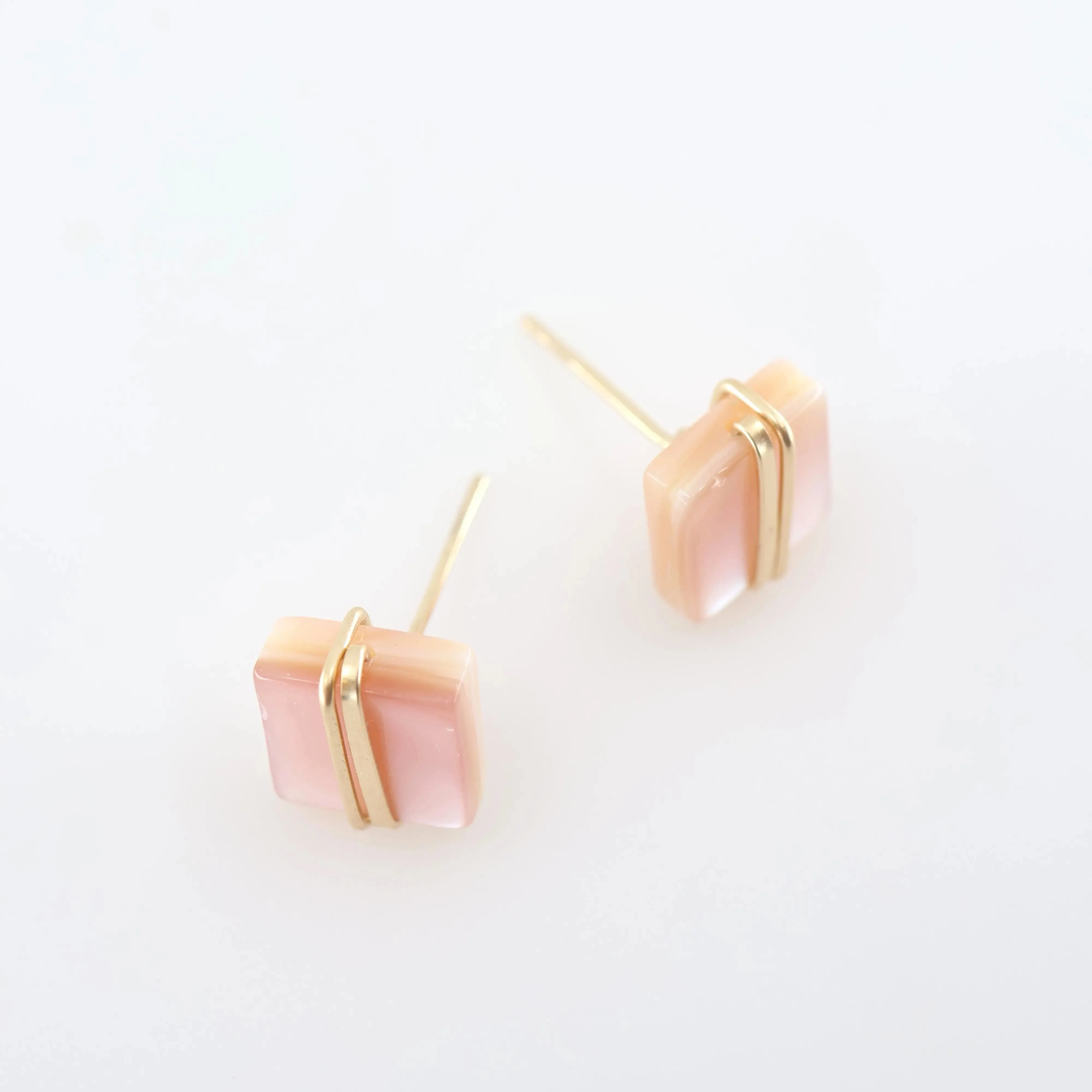 Pink Mother of Pearl Square Stud Earrings with Forged Accents
