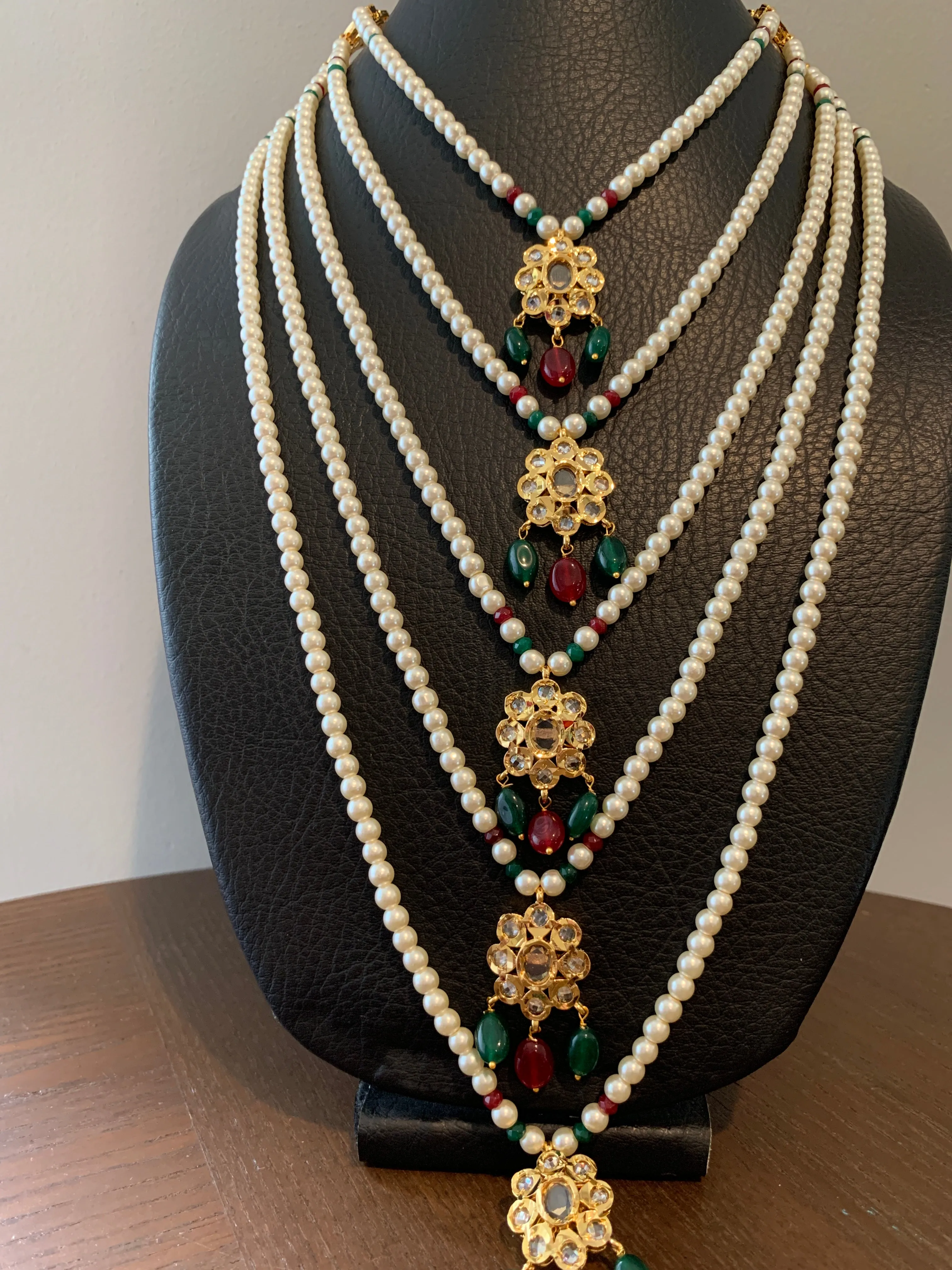 Red Green Stone AD 5 Line Panch Lada Necklace