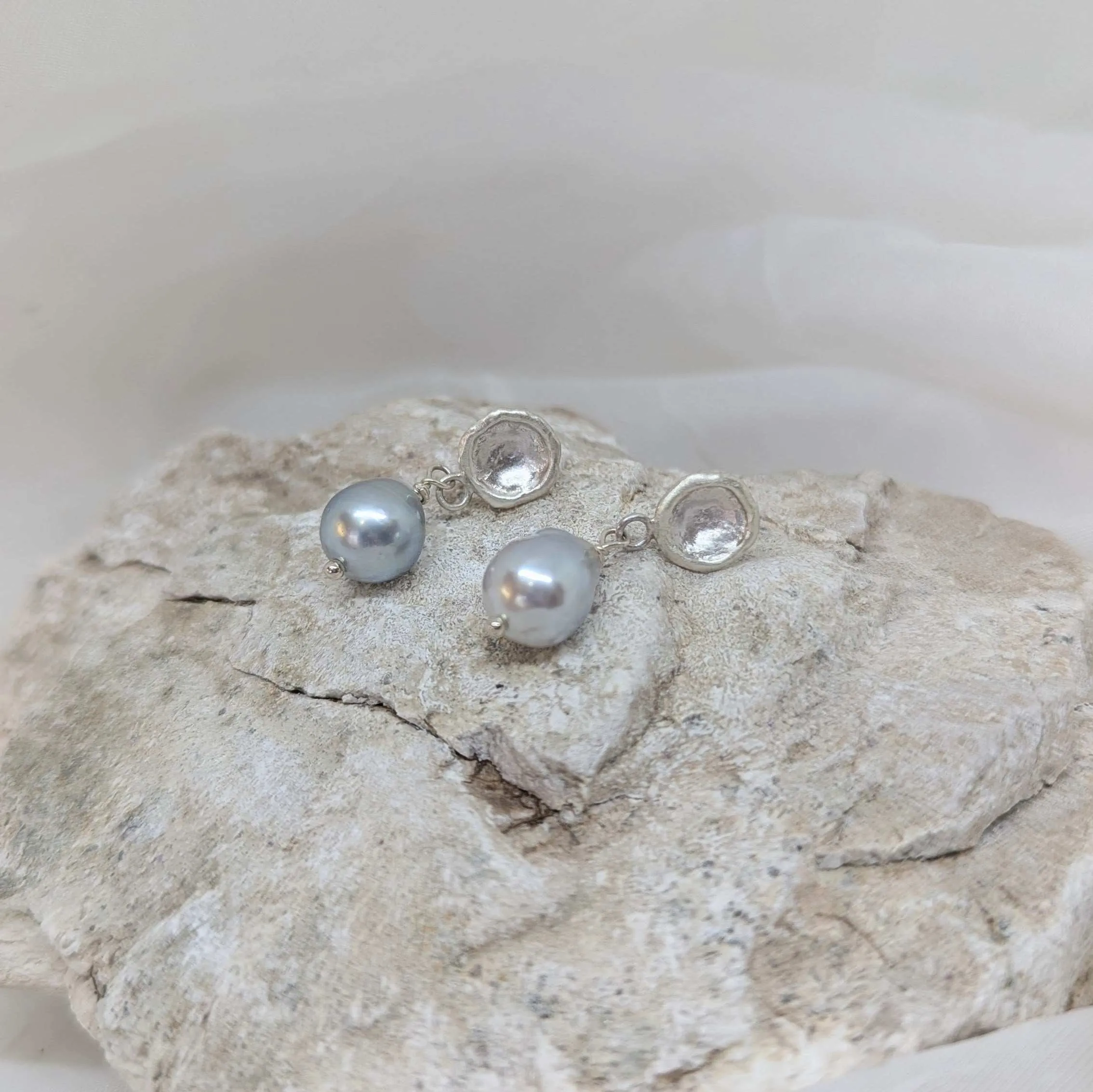 Silver pebble and pearl earrings